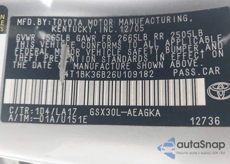 2006 Toyota Avalon Xls z USA, uszkodzony, nr VIN 4T1BK36B26U109182